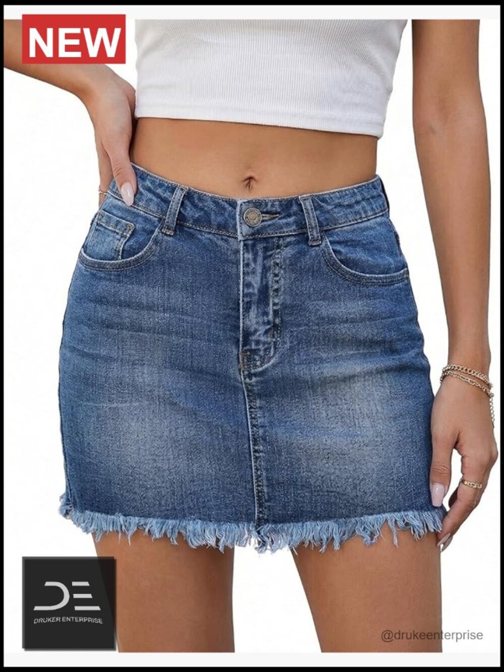 Jean Skirts Denim Casual Mid Rise Washed Frayed Short Skirt with Pockets